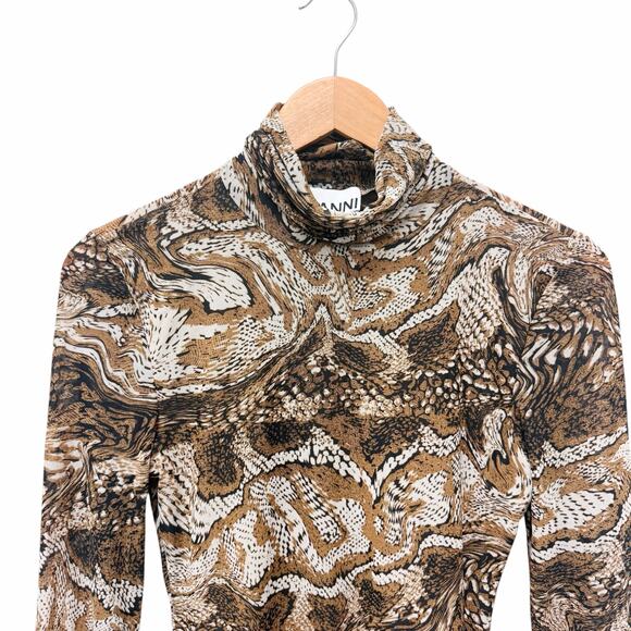 GANNI Mesh Turtle Neck Top Long‎ Sleeves Tiger Eye Brown Women’s Size 36 (US 4) - Picture 5 of 10